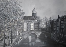 Amsterdan Zwart/wit acryl op papier.