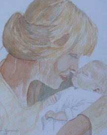 Moeder met baby. aquarel.