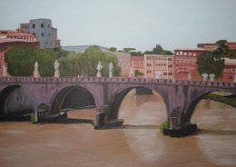 Engelenbrug in Rome. Acryl op papier.